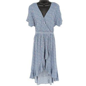 J Crew Mercantile Midi Dress XS Blue Pink Floral Faux Wrap Ruffle Trim High Low